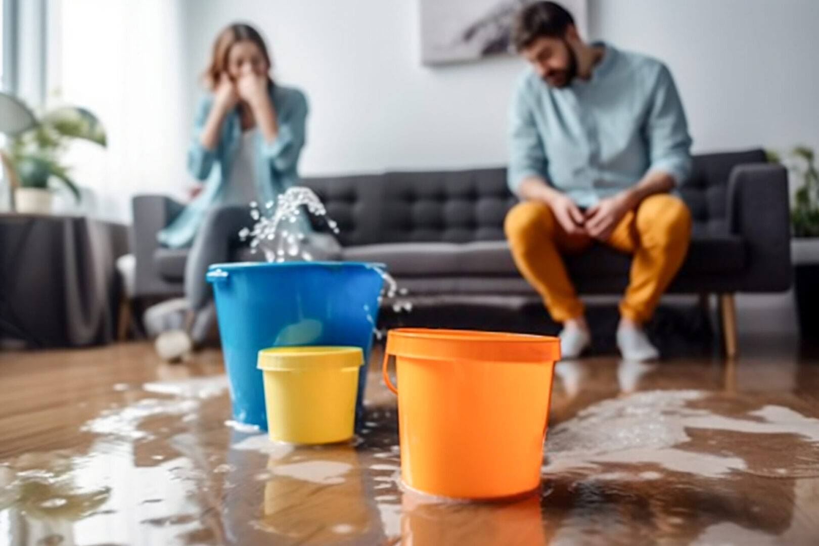 A couple sits on the couch (woman on the left, man on the right) as they watch water leaking from the roof into overflowing buckets on the floor.