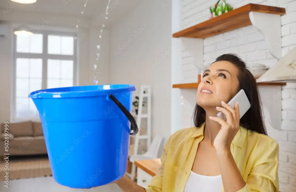 Woman Catching Water From Ceiling In a Bucket